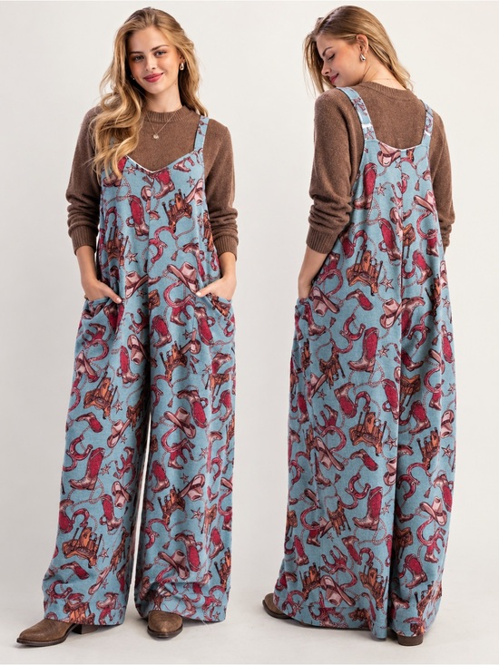 Pants - #164 New! Easel Casual Sky Blue Western Print Wide-Leg Jumpsuit